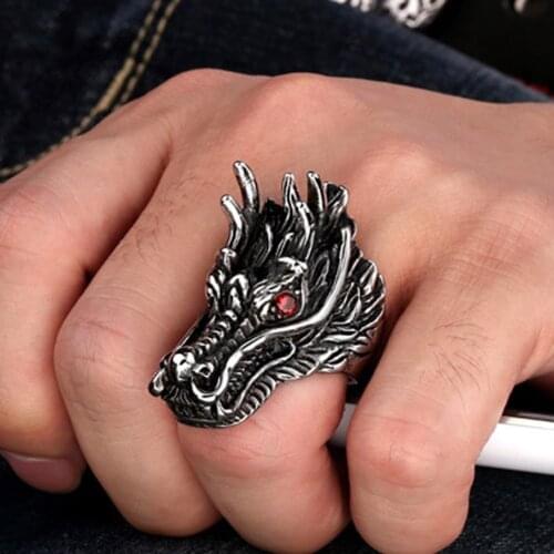 Punk Rock Style Dragon Head Rings for Men Red Stone Rings Party Jewelry Exaggerated Rings