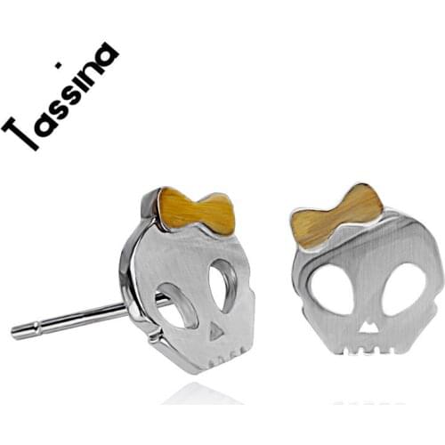 Tassina Vintage Silver Color Skull Skeleton Bow tie Stud Earrings For Woman Fashion Jewelry TA0383