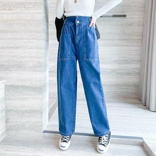 High waist loose denim wide-leg pants women spring summer students flavor bf wind straight trousers drape mopping pants