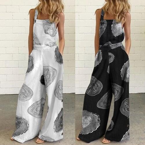 2021 Plain Cloth Womens Printed Pockets Fashion Long Style Womens Oversized Sleeveless Button Workwear Casual Jumpsuit