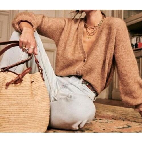 Spring Autumn Women V Neck Sweater Long Sleeve Black White Khaki Temperament Single Breasted Cardigans Knitwear