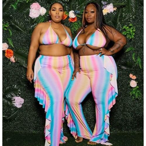 2 Pcs Women Bikini Outfits Plus Size Sets Tie-up Printed V-neck Halterneck Tops Ruffle Wide-leg Pants Beachwear Swimwear Summer