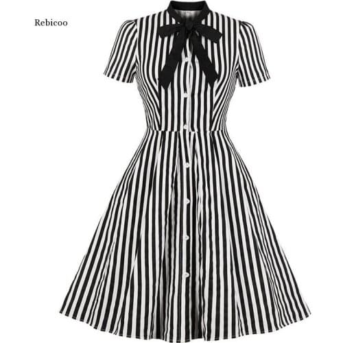 Vintage Stripe Midi Dress Women Summer 50s Bow Collar Elegant Office Casual Stylish Goth Ladies Retro Rockabilly Dresses