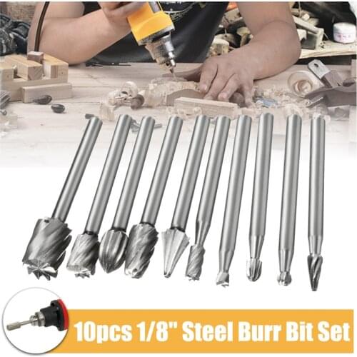 10 Pcs Professional Reliable Safe HSS High Speed Steel Grinding Burr Bit Kit Wood Carving Rasp For 1/8' Cutter Burr Accessories