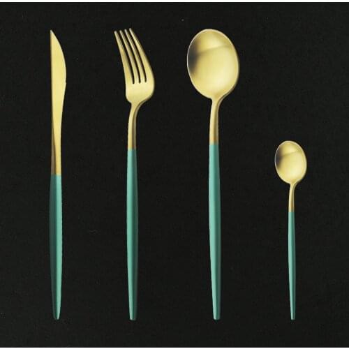 4Pcs Green Gold Matte Round Handle Cutlery Set 18/10 Stainless Steel Dinnerware Silverware Flatware Dinner Knife Fork Spoon Set