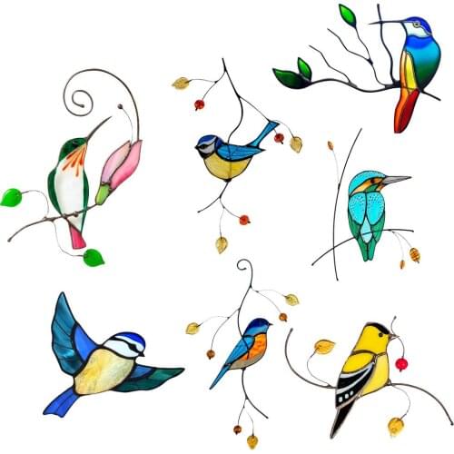 7PCS Stain Glass Window Hangings Bird Cute Movable 3D Pet Stickers Car Decoration