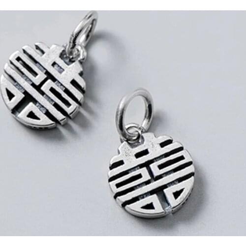 925 Sterling Silver Hollow Out Chinese Letter Happiness Round Charms DIY Jewelry Findings 11mm Couple Bracelets Silver Pendants