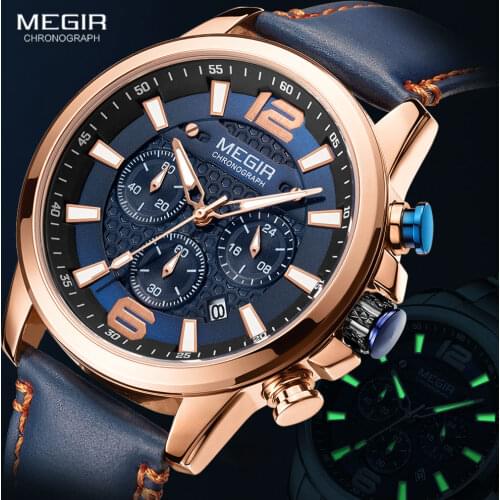 MEGIR Blue Watches Men Military Sport Chronograph Quartz Watch 2020 Luxury Brand Leather Band Waterproof Luminous Wristwatch Man