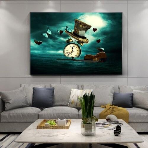 Clock Violin Butterfly Hat Creative Art Canvas Print Painting Abstract Weird Surrealism Wall Picture Home Decoration Poster
