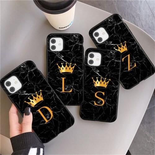 Marble Stone Phone Case For iPhone 12 11 Pro Max X XR XS Max 7 8 Plus SE 2020 Initial Letter Crown Cartoon Soft TPU Back Cover