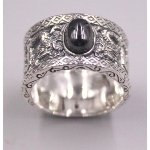Pure 925 Sterling Silver And Agate Ring Width 14mm Two Dragons Chase Ball US Size 8-12 For Man