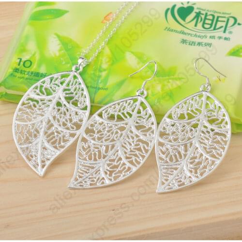 Cheapest Jewelry Sets Real Pure Genuine 925 Sterling Silver Jewelry Set Leaf Pendant Necklaces Hook Earrings Leaves Nice