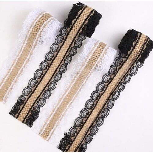 2m 2.5cm Width Burlap Jute Roll Crafts Ribbon with White Lace Trims for Wedding Decorations Party Decor DIY Handmade Crafts