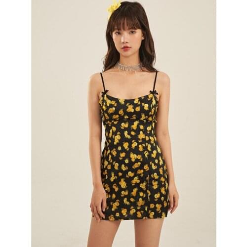 Summer Rose Print Backless Mini Black Dress Slim Bow Spaghetti Straps Dresses Missnight 2021