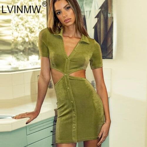 LVINMW Turn-down Collar With Buttons Casual Solid Slim Mini Dress Hollow Out OL Fashion Designed Short Sleeve Dresses Women