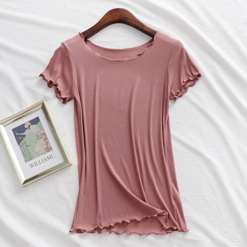 Modal Ruffles Solid Women T-Shirts Summer New 2021 O-Neckk Short-Sleeved Slim Elastic Female Pulls Tops Tees