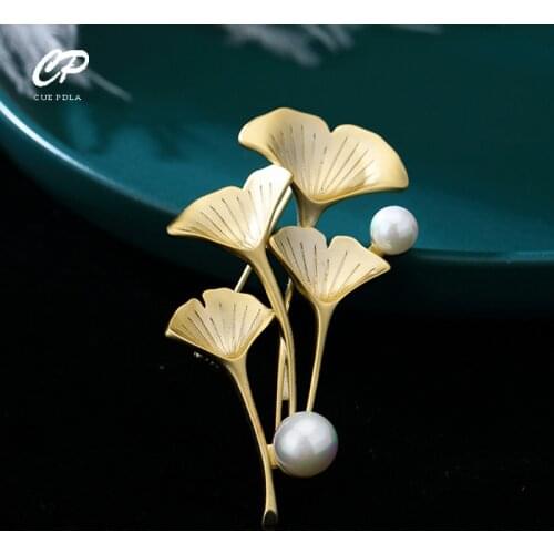 Fashion Ginkgo Biloba Vintage Gold Brooch Pins Crystals Pearl Flower Brooches For Wedding Party Jewelry