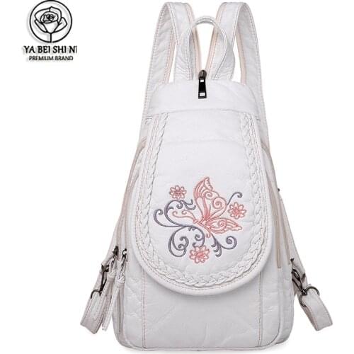 New Women Backpack Fashion School Bags for Teenage Girls White Leather Backpack Embroidery Flowers Travel Backpack Shoulder Bags
