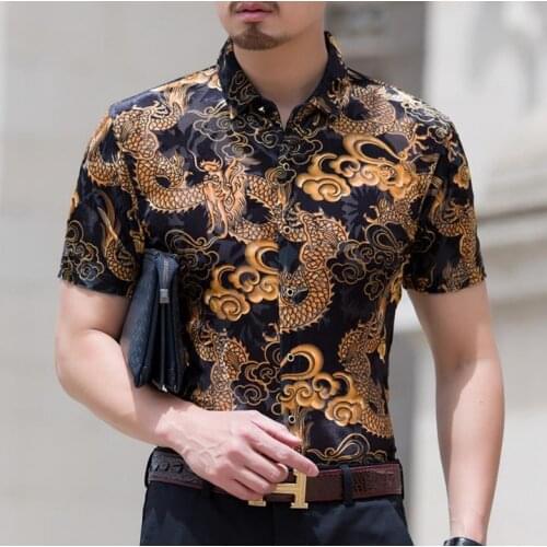 Dragon Print Mens Design Silk Shirts Men Casual Short Sleeve Transparent Sexy Slim Velvet Shirt Soft Thin Comfortable Size S-3XL