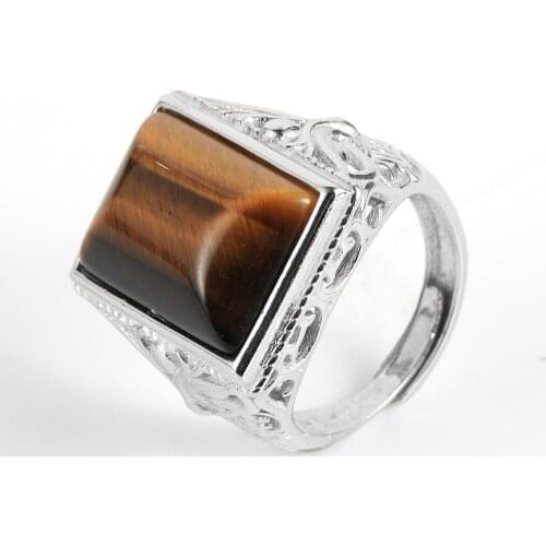 Men Natural Gem Stone Rectangle Tiger Eye Finger Rings Dragon Silver Plated Open Joint Rings Vintage Male Party Jewelry