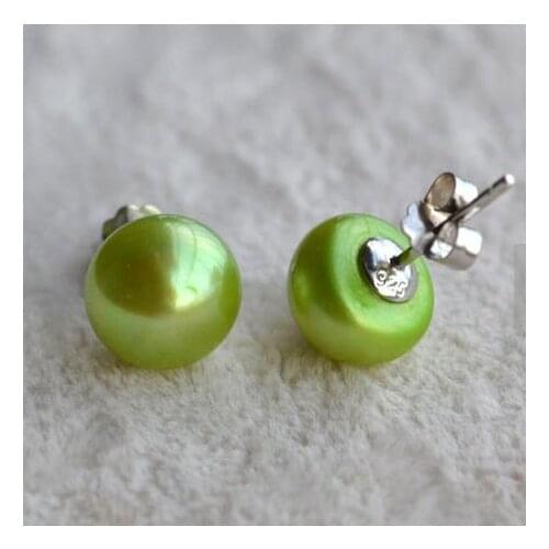 New Arrival Favorite Pearl Jewelry 8-9mm Green Color Genuine Freshwater Pearl Silver Stud Earrings Fine Jewelry Lady Gift