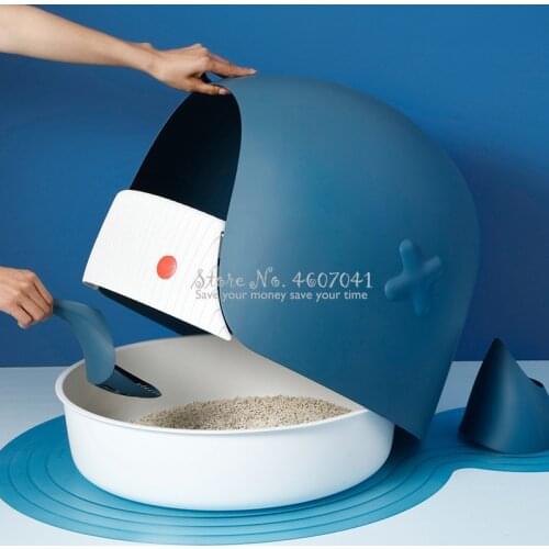 Whale Shape Semi-Closed Cat Litter Box Pet Sandbox Whale Shape Anti-Spatter Odor-Proof Cat Toilet with Clean Paws Tray Scoop