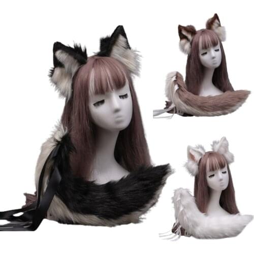 Faux Fur Wolf Ears Headband Furry Animal Tail Cosplay Props Halloween Costume X7YA