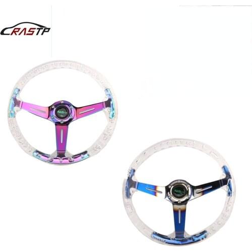 RASTP-Neo Chrome 6-Hole 340MM Deep Dish Vip Clear Crystal Bubble Neo Spoke Steering Wheel 13inch Replacement Parts RS-STW029