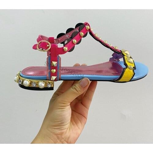 Roman Beads Summer Sandal T Strap Bohemia Pearl Decoration Sandals Casual Flat Studded Spike Roman Outside Wearing Female Shoes