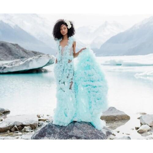 Sexy Blue Backless Tulle Dresses See Thru Women Maxi Tulle Dressing Gowns Long Train Ruffles Plus Size Photo Shoot Dress