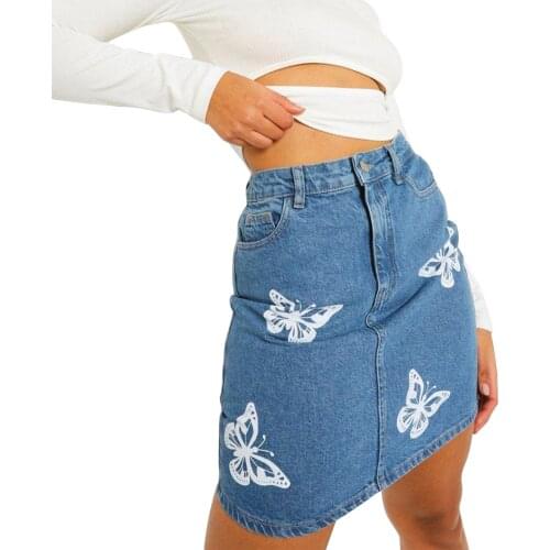2021 Female Printing Denim Skirt Women s High Waist Package Hip Skirt Ripped Dress for Summer Autumn