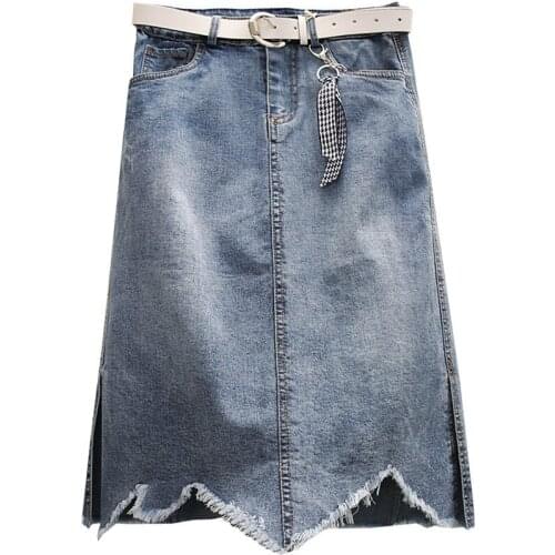 High waist Denim washed skirts women a-line skirt Autumn streetwear summer blue split skirts short students dress belt free