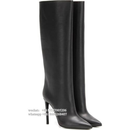Fashion Pure Black Real Leather Pointed Toe High Heel Long Women Boots Winter Knee Boots Plus size 43