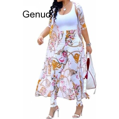 Summer 2 Piece Set Women Cardigan Long Trench Tops And Bodycon Pant Suit Casual Clothes Boho Sexy Two Piece Outfits