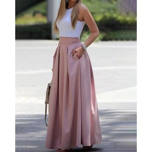 Women Fashion Two-pieces Dress Holiday Vacation Dress Long Skirt Cropped Top& Maxi Pleated Skirt Set