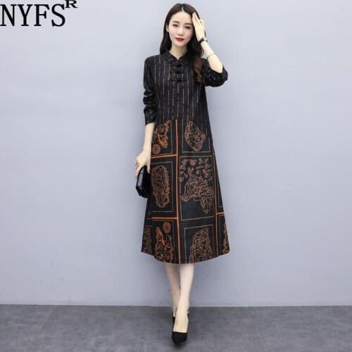 NYFS 2021 New Autumn Vintage Loose Woman Dress Vestido de mujer Robe Elbise Cotton Button Stitching Printing Dresses for Women