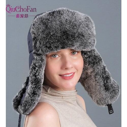 Winter Ski Russian Hat Men Women Warm Earmuffs Thicken Ear-Flapped Hat Real Rex Rabbit Fur Lei Feng Cap Bonnet