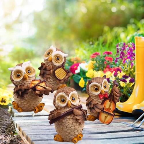 4Pcs/Set Owl Statue Owl Garden Decor Animal Sculpture Outdoor Garden Ornament Owl Playing Music Ornaments Statues Animal Decor