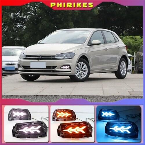 2PCS Car DRL For Volkswagen Polo 2019 2020 LED Daytime Running Light Fog Lamp Sequential Yellow Turn Signal Function