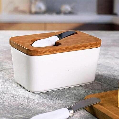 Nordic Style Ceramic Butter Box Cheese Storage Tray Food Container Keeper Tool With Wood Lid Knife Kitchen Tableware
