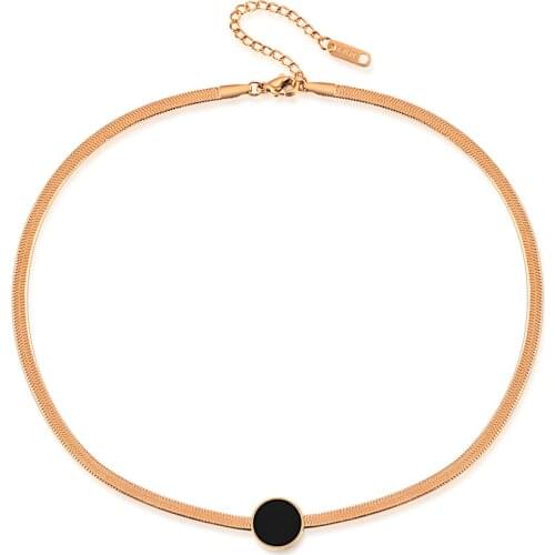 JeeMango New Arrival Short Women Chokers Necklaces Rose Gold Color Titanium Steel Black Round Charm Necklace Jewelry JN18066