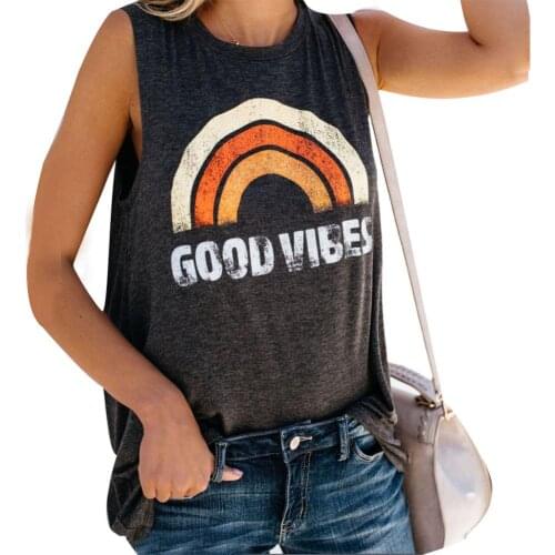 Women Summer Casual Letter Rainbow Print O-Neck Tank Top Loose Vest Casual Streetwear Fashion Summer Tops