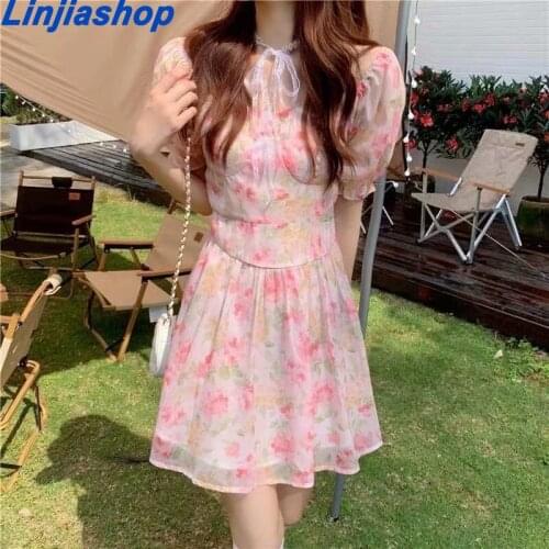 Sweet Women Romantic Floral Print Ladies Dress Sexy Collar Puff Sleeve A-line Summer Holiday Party Dress Short Vestido