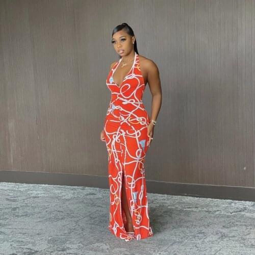 Fashion Party 2021 Summer Halter Backless Bandage Dress Nightclub High Split Long Wrap Dress Women Elegant Maxi Dress Robe Femme