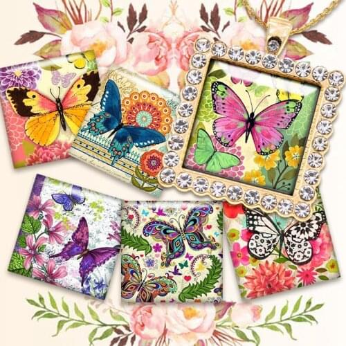 Fashion Jewelry 10pcs Glass Cabochon Mixed Square Butterfly Photo Cameo Cabochon Setting Supplies for Jewelry Accessories