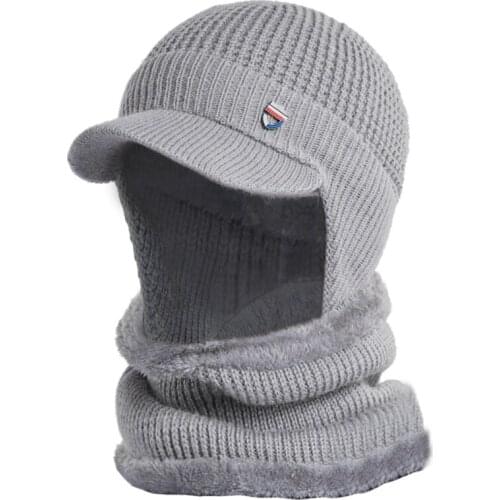 Men Winter 2Pcs Set Visor Earflap Beanie Hat with Scarf Knit Plush Lined Warmer