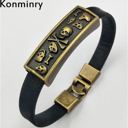 Konminry Charms Jesus Christian Bronze Metal Leather Bracelet & Bangles Skull Cross Bones Handmade Bracelet for Men Women