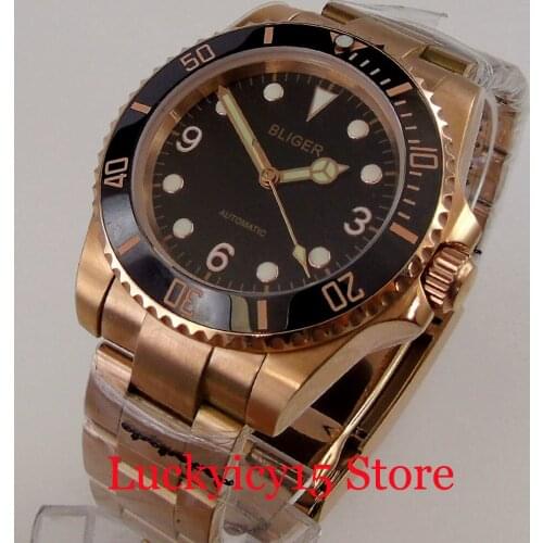 BLIGER All Rose Gold Men Wristwatch Luminous Hand Unidrectional Bezel Ring Oyster Bracelet Glide Lock Saphire Glass f