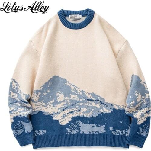 2021 Men Hip Hop Sweaters Harajuku Anime Mountain Print Knitted Mens Jumper Vintage Casual Oversized Autumn Winter Knit Sweater