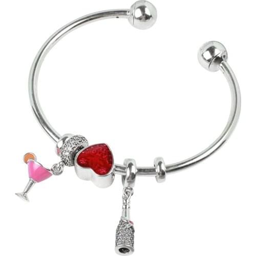 NEW 100% 925 Sterling Silver Brand New 1:1 Authentic Wine Red Love Charm Hand Ladies Fashion Heart Love Opening Bracelet Set